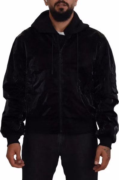 Black Nylon Hooded Full Zip Bomber Jacket