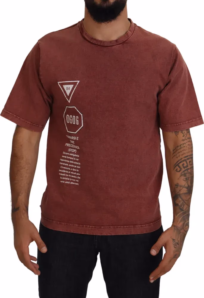 Maroon Print Round Neck Short Sleeves T-shirt