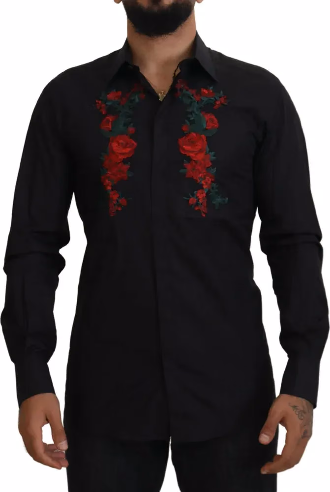 Black Floral Embroidery Men Long Sleeves GOLD Shirt