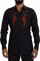 Black Floral Embroidery Men Long Sleeves GOLD Shirt 1