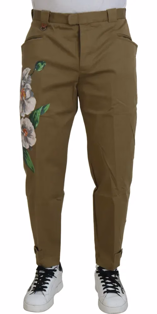 Beige Cotton Stretch Floral Chinos Pants