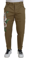 Beige Cotton Stretch Floral Chinos Pants 1