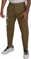 Beige Cotton Stretch Floral Chinos Pants 4