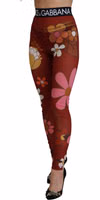 Red Floral Leggings Stretch Waist Pants 1