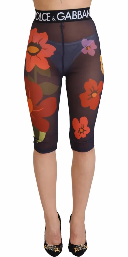Black Floral Leggings Stretch Waist Pants