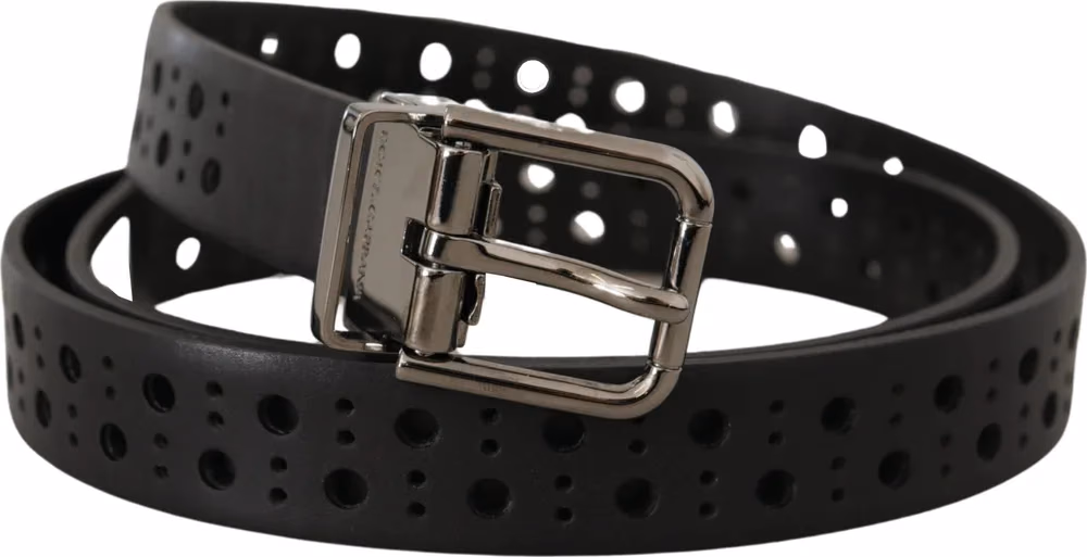 Black Calf Leather Perforated Metal Buckle Belt