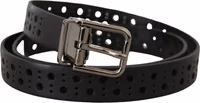 Black Calf Leather Perforated Metal Buckle Belt 1
