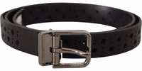 Black Calf Leather Perforated Metal Buckle Belt 3