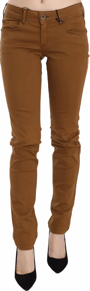 Brown Cotton Mid Waist Skinny Slim Fit Denim Jeans