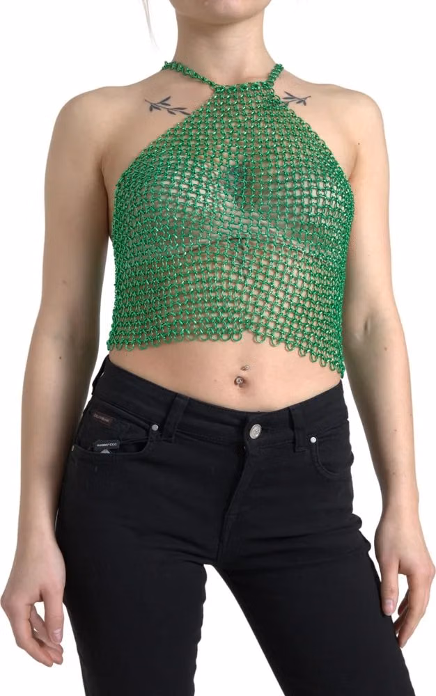 Green Aluminum Sleeveless Halter Cropped Tank Top