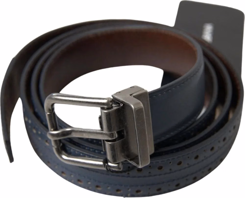 Blue Leather Perforated Metal Buckle Belt