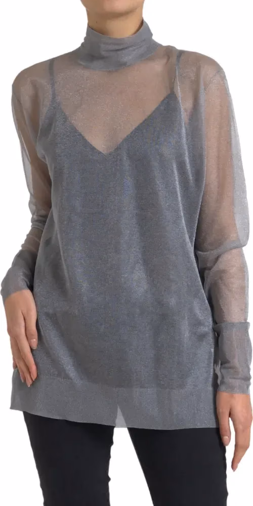Gray Mesh Turtleneck Long Sleeve Blouse Top