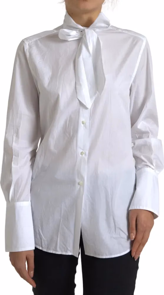 White Cotton Ascot Collar Long Sleeves Top