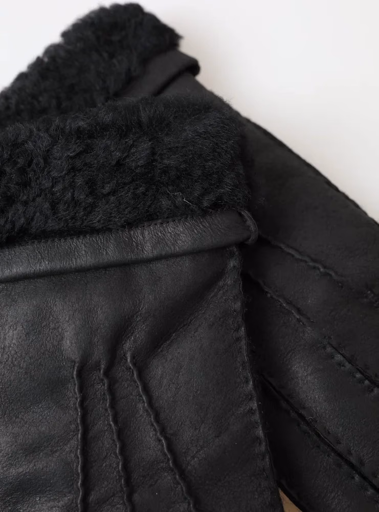 Black Leather Fur Short Hands Mitten Men Gloves
