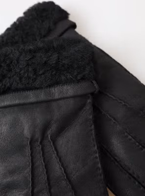Black Leather Fur Short Hands Mitten Men Gloves
