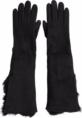 Black Leather Fur Elbow Length Gloves