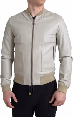 Cream Leather Bomber Blouson Full Zip Jacket