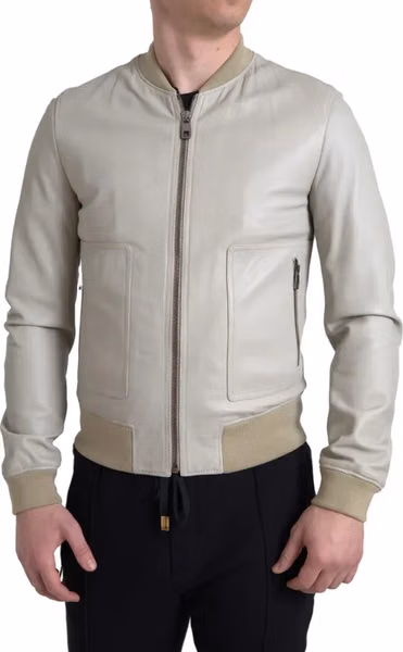 Cream Leather Bomber Blouson Full Zip Jacket