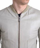Cream Leather Bomber Blouson Full Zip Jacket 3