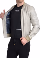 Cream Leather Bomber Blouson Full Zip Jacket 5