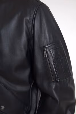 Black Leather Blouson Full Zip Bomber Jacket
