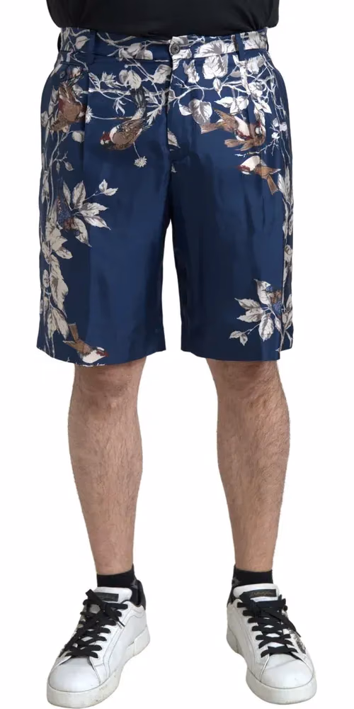 Blue Floral Print Silk Men Bermuda Shorts
