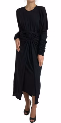 Black Wool Wrap Sheath Midi Gown Dress