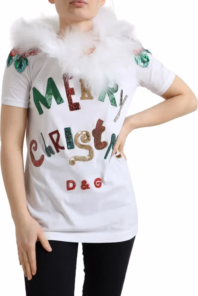 White Cotton Christmas Sequin Fur T-shirt