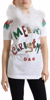 White Cotton Christmas Sequin Fur T-shirt 2