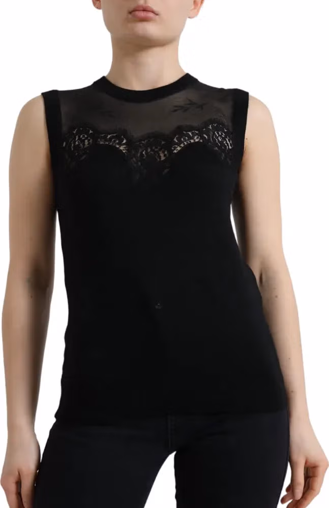 Black Cashmere Lace Trim Sleeveless Tank Top