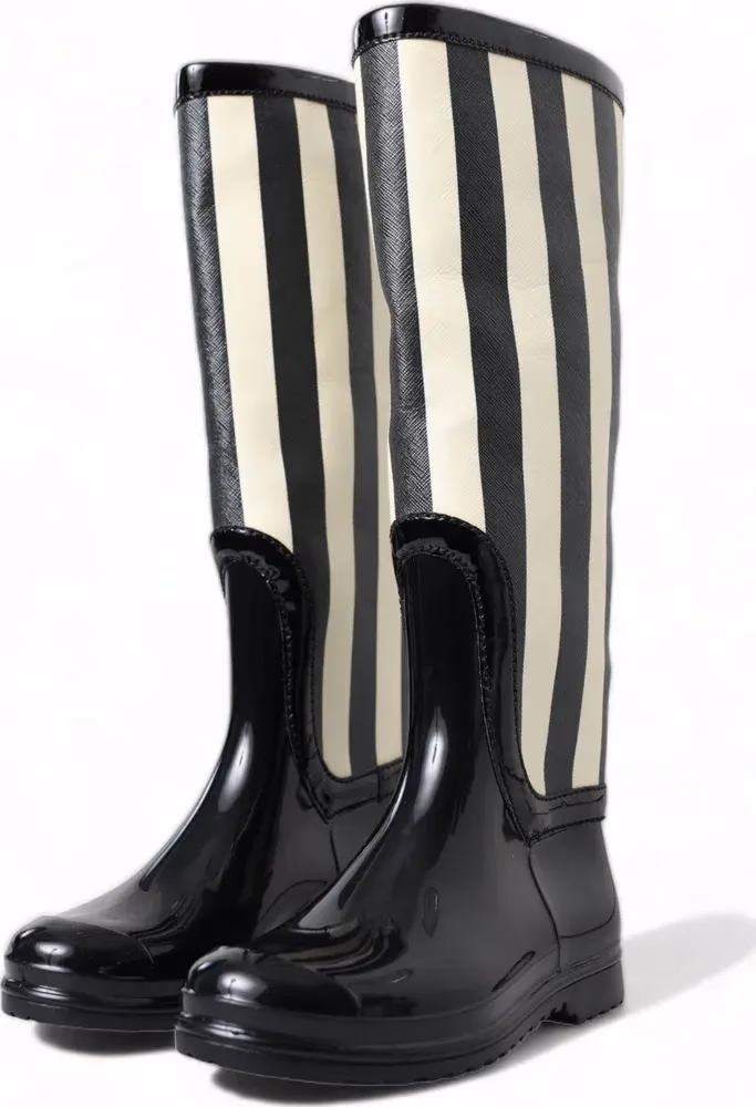 Black Rubber Knee High Flat Boots Shoes