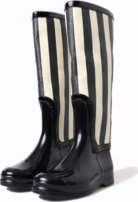Black Rubber Knee High Flat Boots Shoes