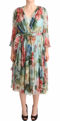 Multicolor Green Floral Silk Wrap Midi Dress