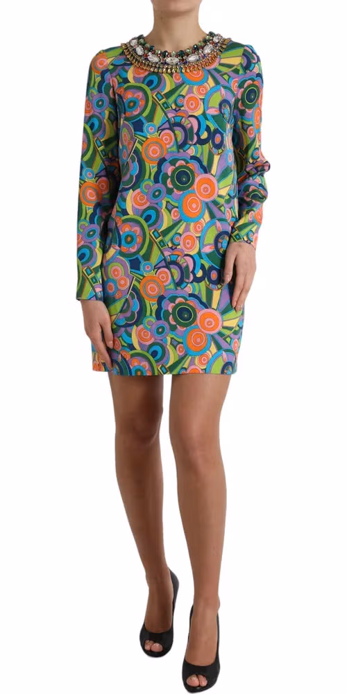Multicolor Geometric Print Silk Crystals Midi Dress