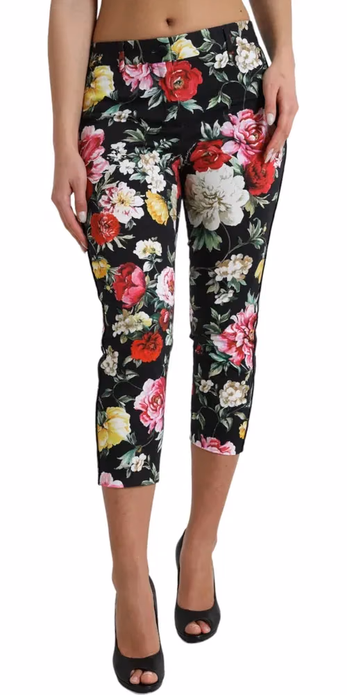 Black Floral Print Mid Waist Cropped Pants