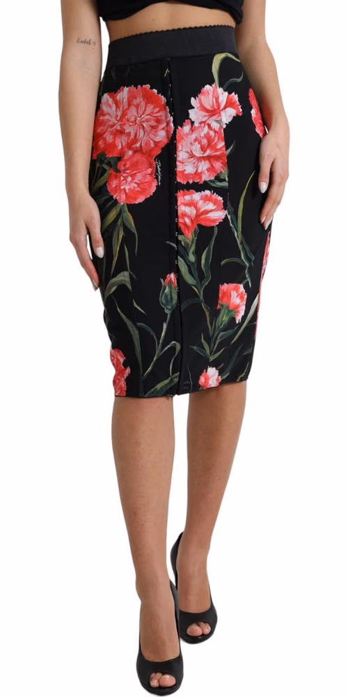 Black Carnation Pencil Cut Knee Length Skirt