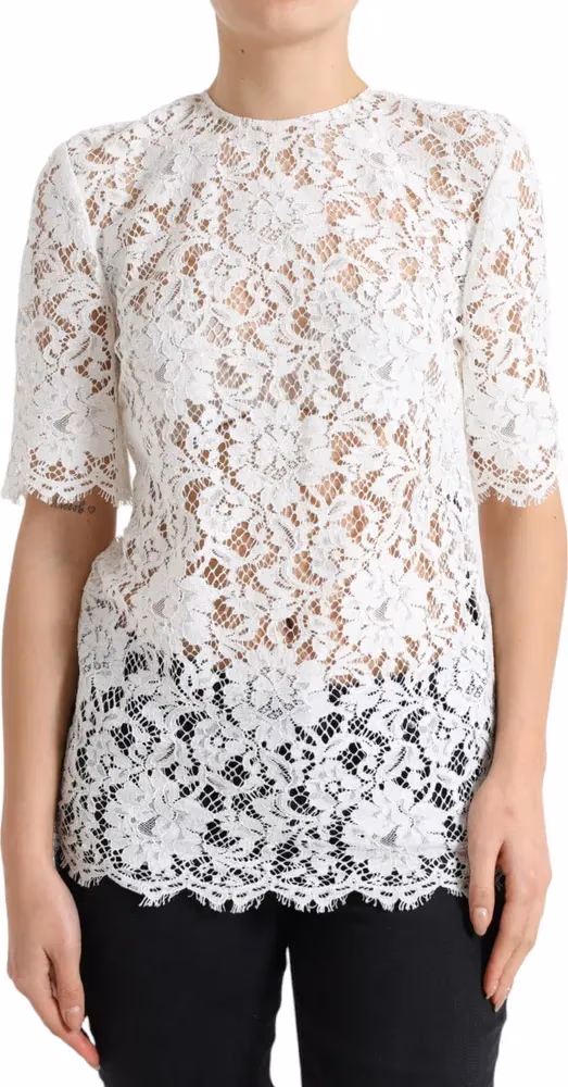 White Floral Lace Cotton Round Neck Blouse Top