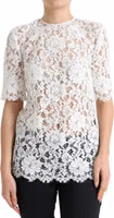 White Floral Lace Cotton Round Neck Blouse Top 1