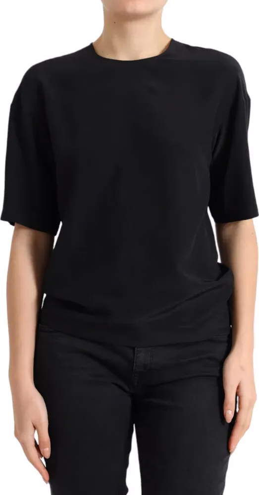 Black Silk Round Neck Short Sleeve Blouse Top