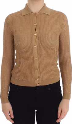 Beige Knitted Cotton Polo Cardigan Sweater