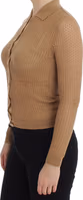 Beige Knitted Cotton Polo Cardigan Sweater 2