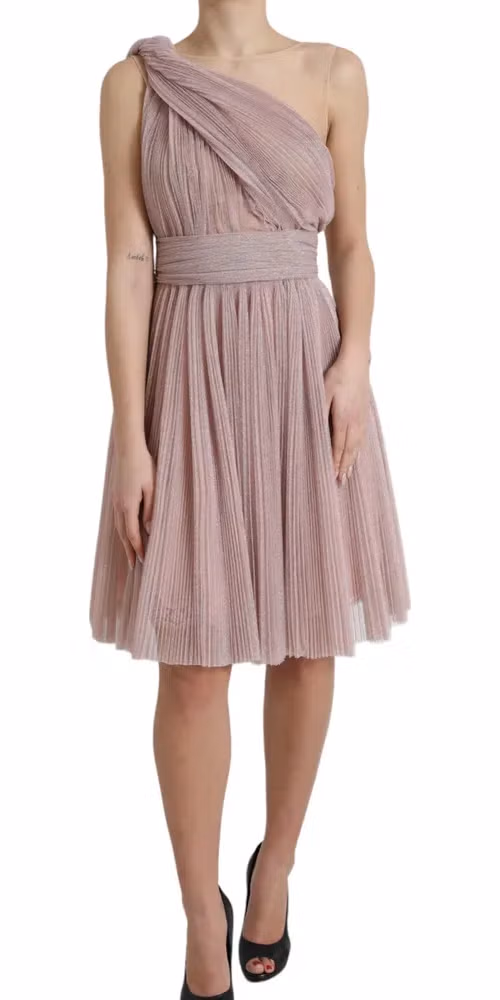 Pink One Shoulder Pleated Lame Tulle Dress