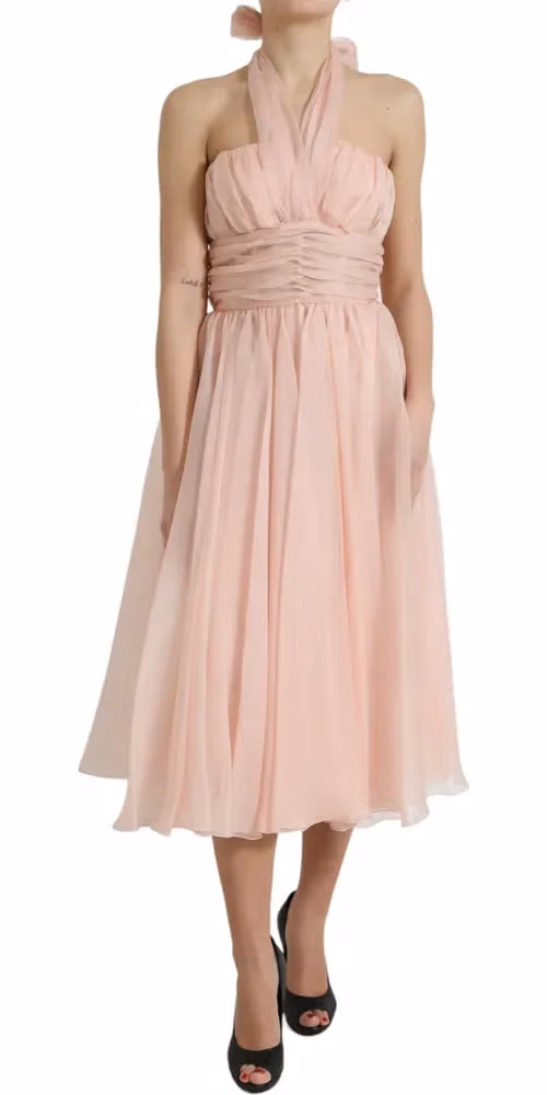 Pink Silk Chiffon Halter A-line Pleated Midi Dress