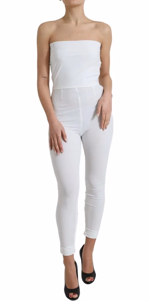 White Nylon Strapless Bodycon Jumpsuit Dress