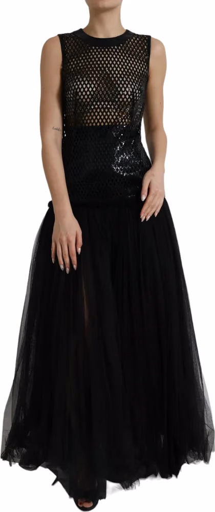 Black Sequined Sleeveless Mesh Layered Gown Dress