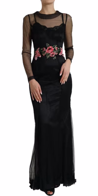 Black Floral Embroidery Mesh Tulle Gown Dress
