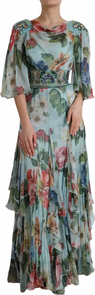 Blue Floral Print Tiered Long Maxi Dress