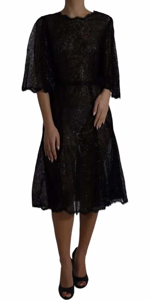 Black Floral Lace Sheer A-line Midi Dress