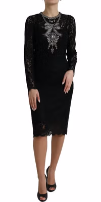 Black Lace Crystal Embellished Sheath Dress