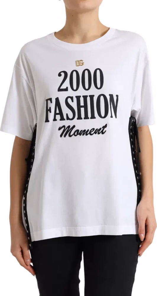 White Slogan Print Lacing Detailed T-shirt